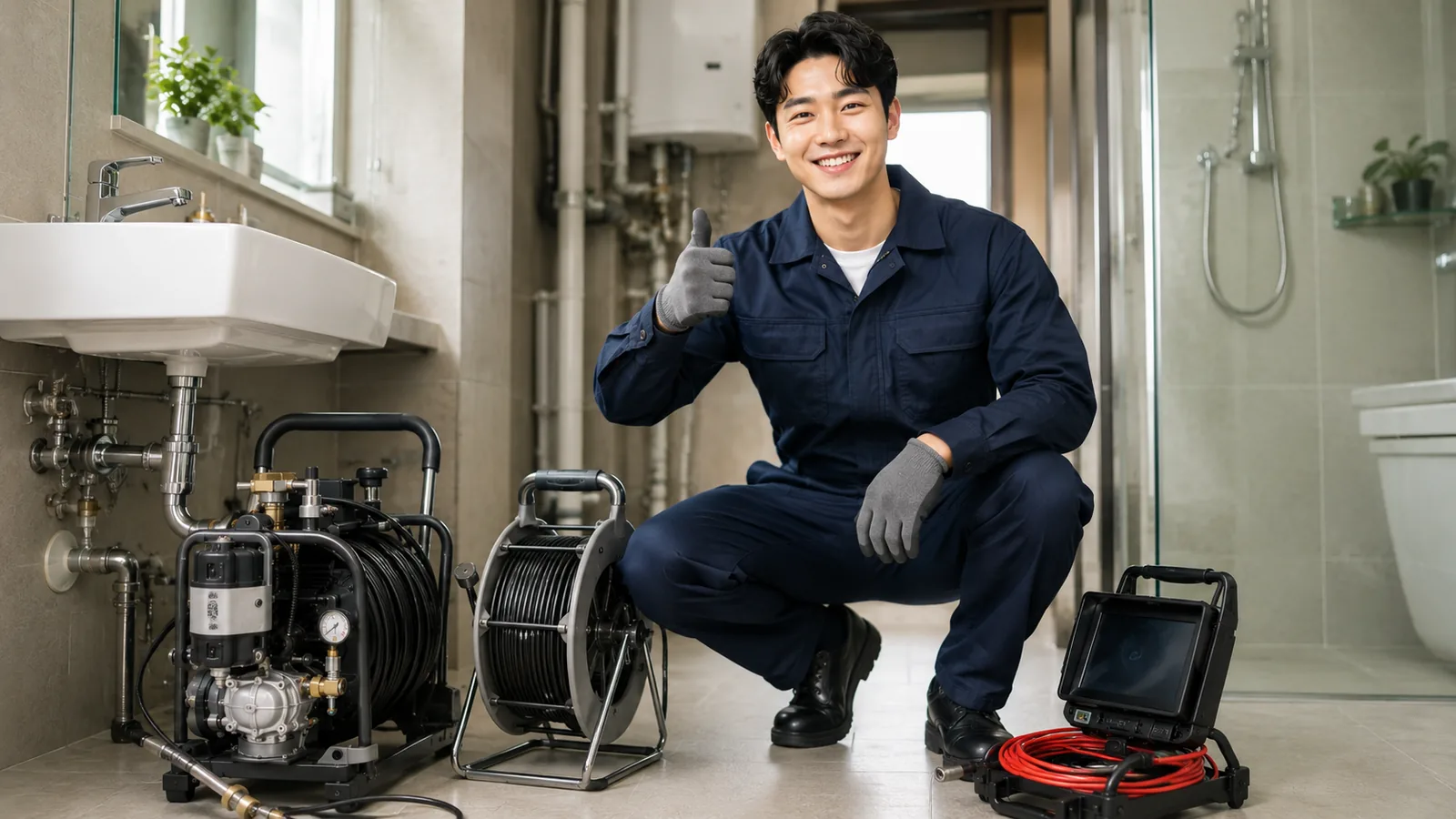 경기 서남권 싱크대막힘 작업복 기술자와 고압세척기·배관내시경 전문 장비
